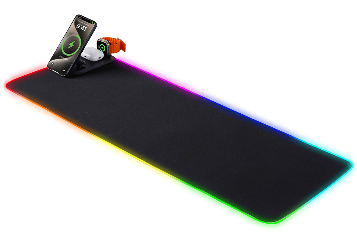 3-in-1 RGB Gaming Mouse Pad Wireless Charging Desk Mat with Foldable Phone Stand