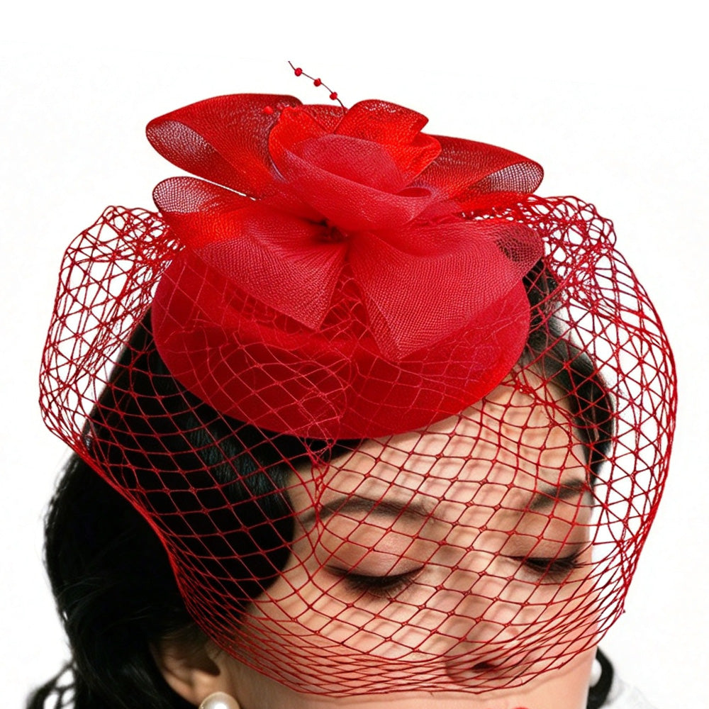 Vintage Mesh Rose Birdcage Veil Bridal Hair Headpiece - Red