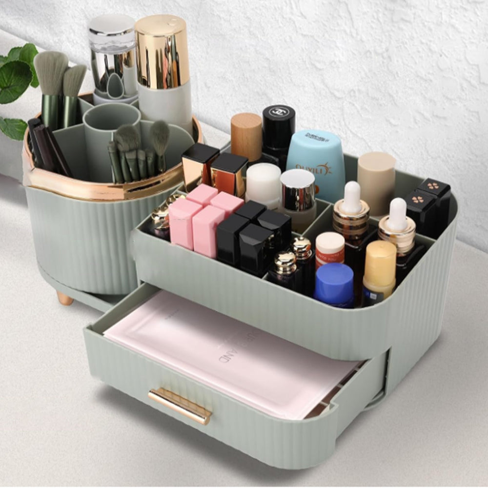 Rotating Makeup Organizer for Vanity with Brush Holder and Drawer Spinning Cosmetic Storage Case Green