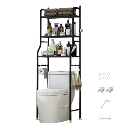 3 Tier Shelf Over Toilet Storage Rack With Paper Holder And Hooks-Black