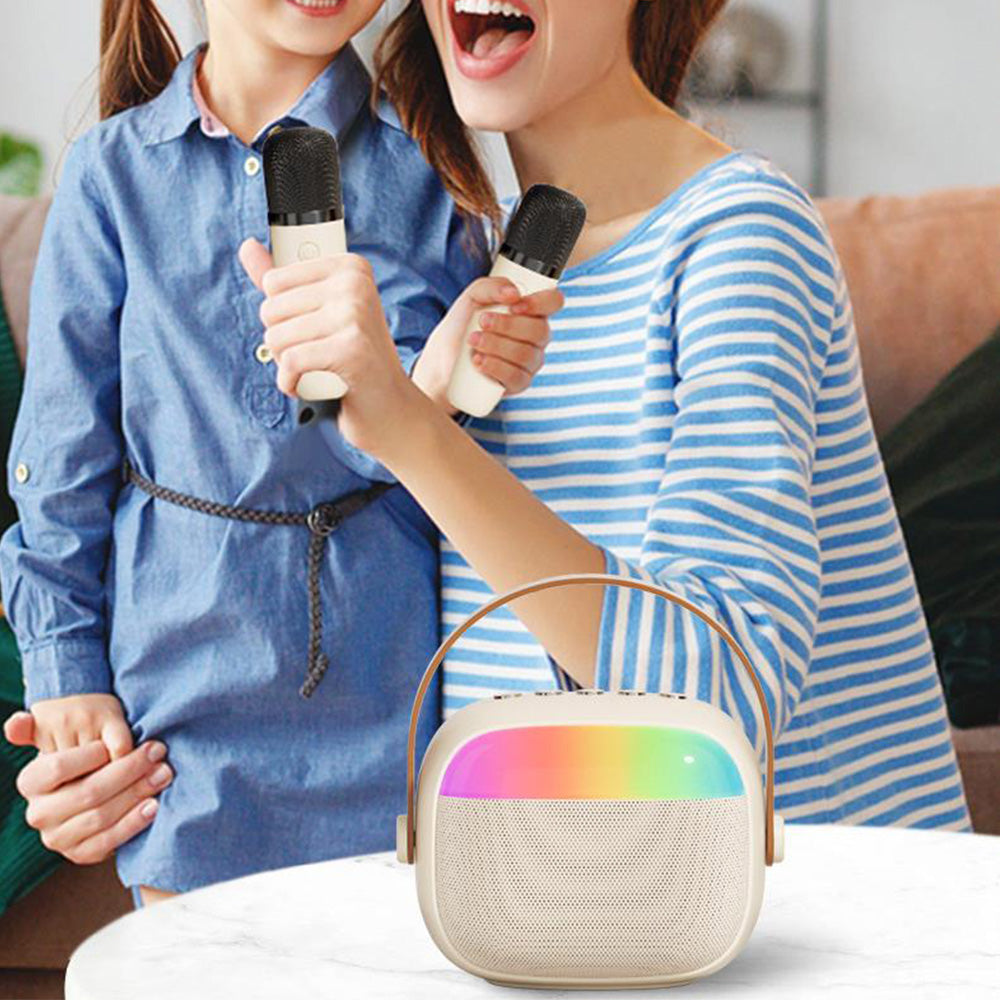 Mini Karaoke Machine with 2 Wireless Microphones Portable Bluetooth Speaker Singing Machine Beige