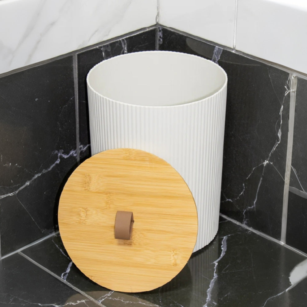 6 Pcs Bathroom Wash Set with Bamboo Lids and Plastic Body -White
