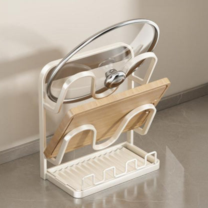 Pot Lid Storage Rack Carbon Steel Holder with Drip Tray Organizer-White