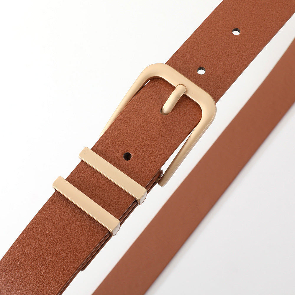 Women PU Leather Waist Belt Gold Pin Buckle Casual Belt for Jeans Dress-Camel