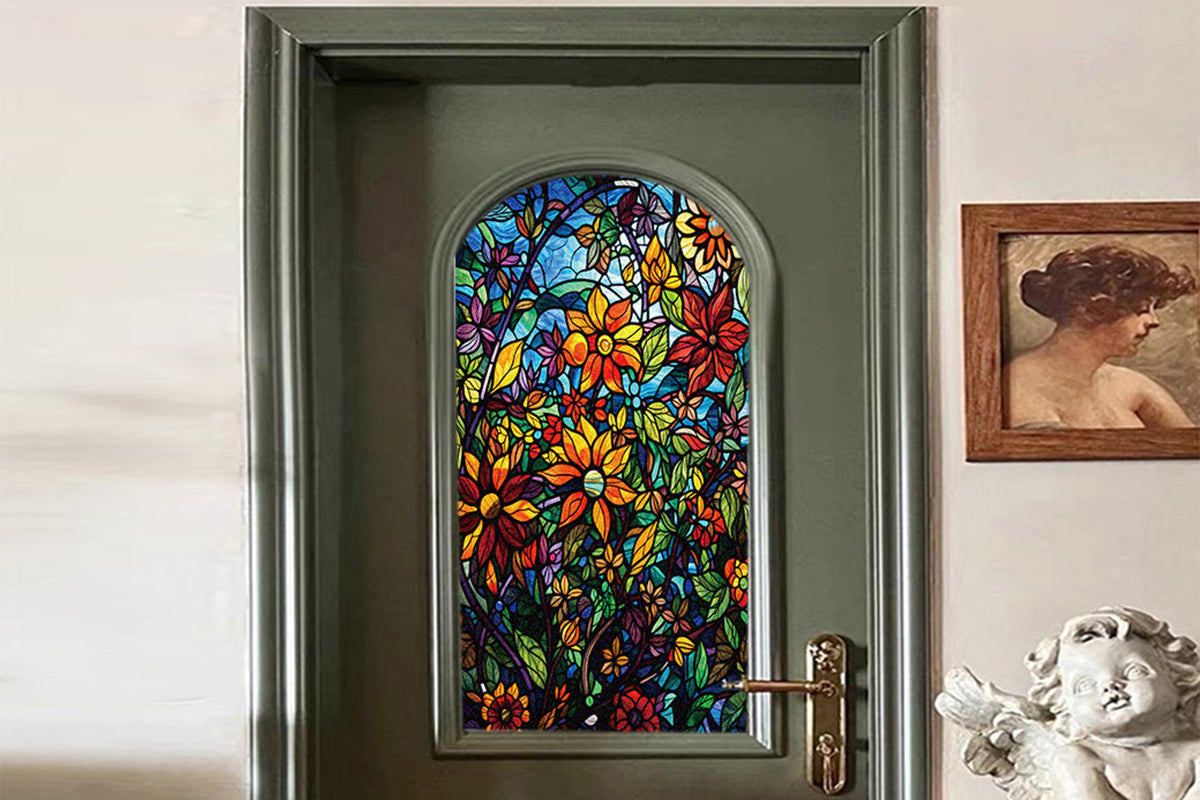 2Pcs Static Cling Windows Film Frosted Stained Glass Stickers Flower Decor