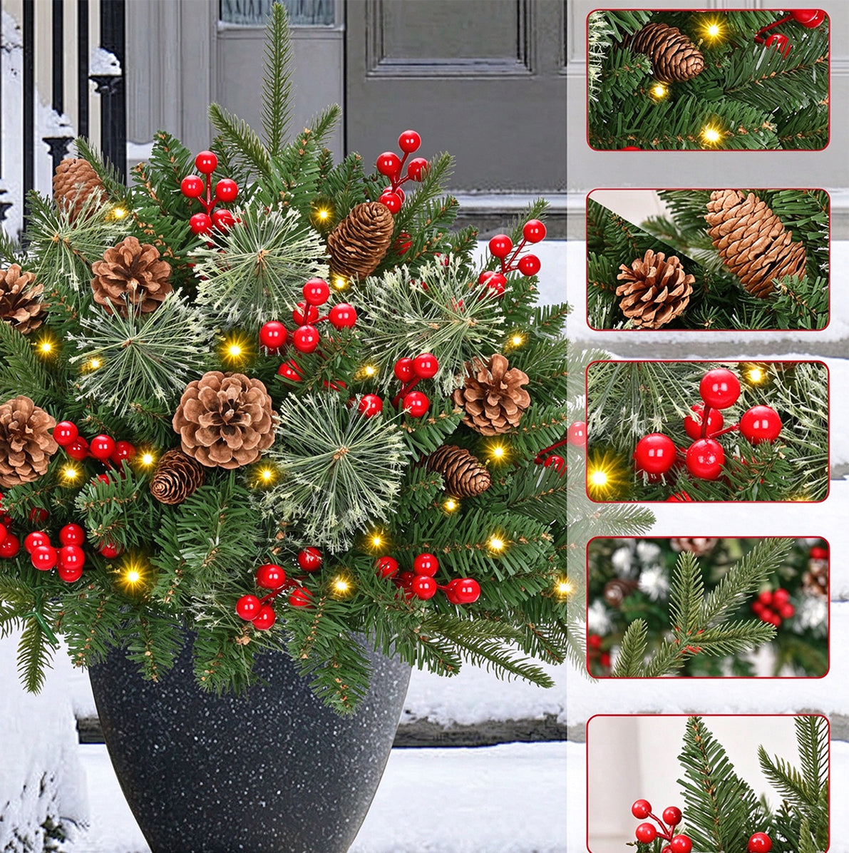 2 Piece Battery Lit Artificial Pine Christmas Planter Stake for Outdoor Decor