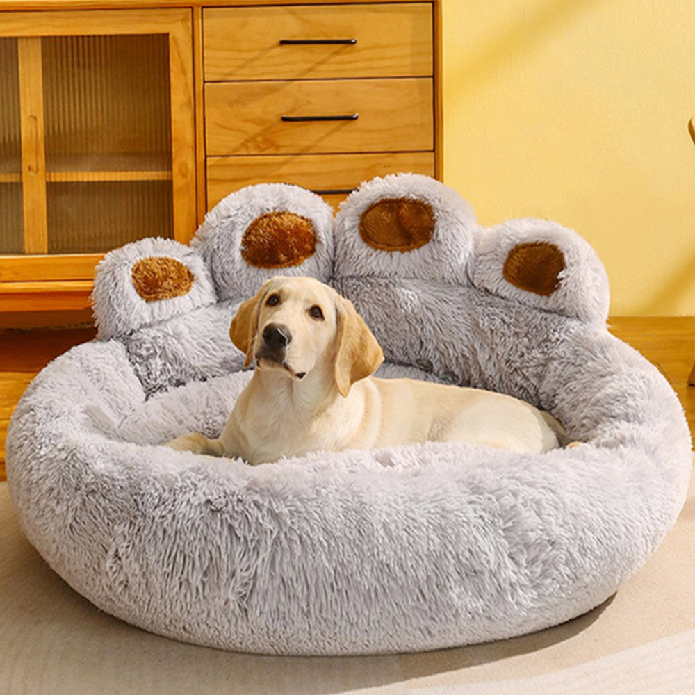 Calming Dog Bed Warm Soft Paw Shape Pet Bed Plush Cushion Bed for Dogs Cats-Grey