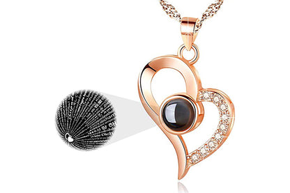 I Love You Necklace and Storage Box Set Heart Pendant Necklace with 100 Languages Projection for Valentine Day-Rose gold