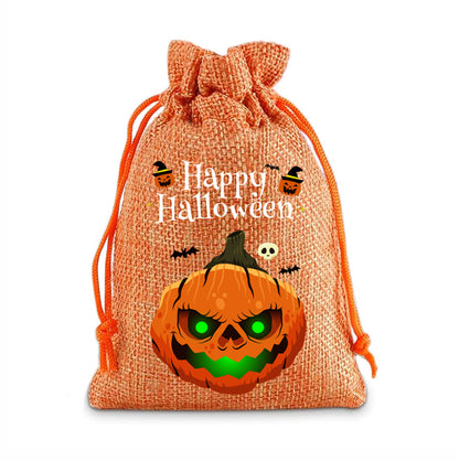 12 Pack Halloween Burlap Drawstring Gift Bags with Pumpkin Ghost Designs - Orange