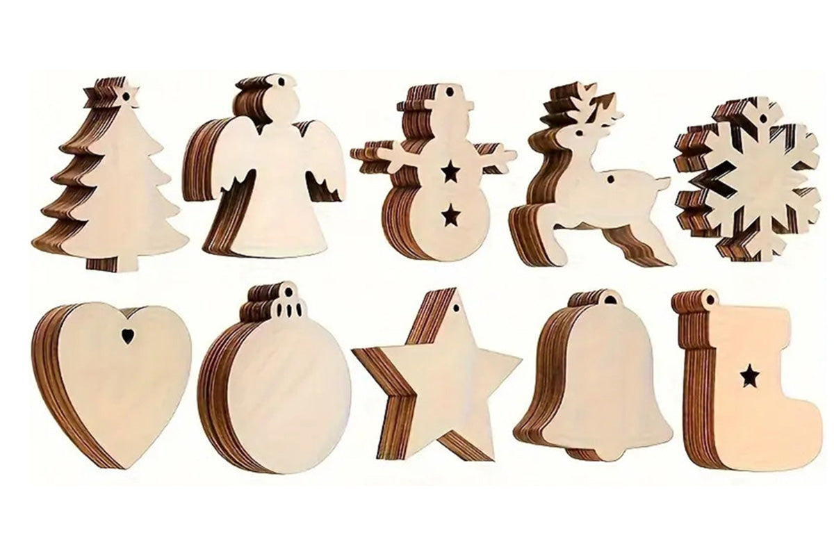 100Pcs Wooden Christmas Tree Decorations Assorted Blank Shapes for Painting