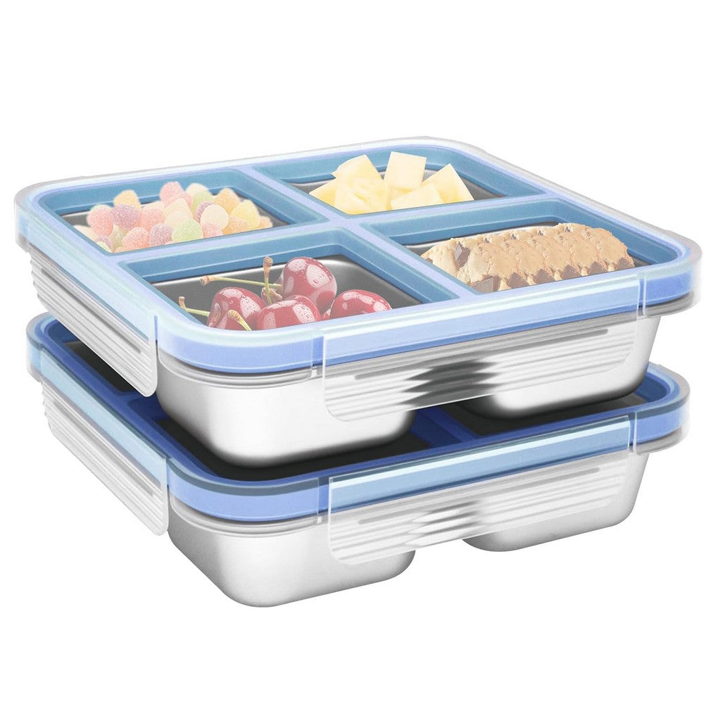 2Pcs Stainless Steel Snack Box With 4 Compartments Divided Meal Prep Container-Blue