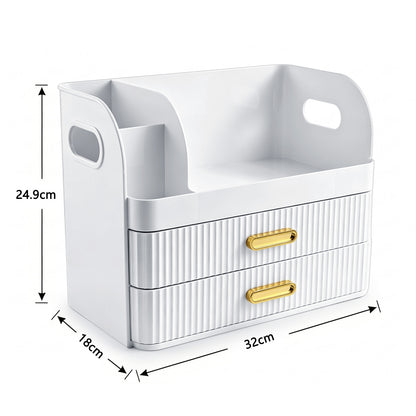 Makeup Organiser with 2 Drawers Cosmetic Storage Box Multi-Section Makeup Skincare Storage Box White