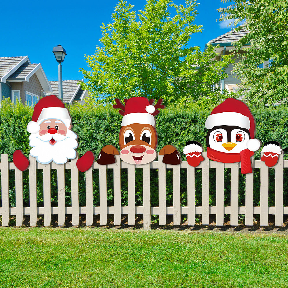3 Pack Christmas Fence Peeker Santa Reindeer Penguin Yard Decor