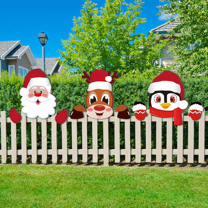 3 Pack Christmas Fence Peeker Santa Reindeer Penguin Yard Decor