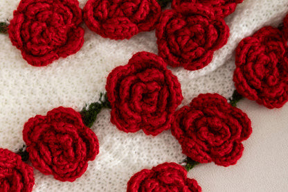 Handmade Knitted Flowers Rose Bouquet Blanket Knitted Throw Blanket -Red Camellia