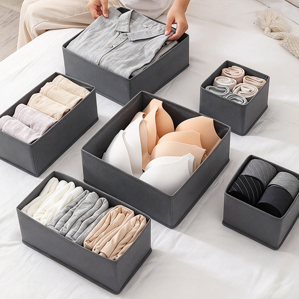 6 Piece Foldable Nonwoven Drawer Organizer Bins with Zippers - Grey