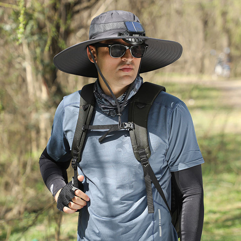 Wide Brim Sun Hat with 2 Solar Fan Sun Bucket Hat for Fishing Camping Hiking Dark Grey