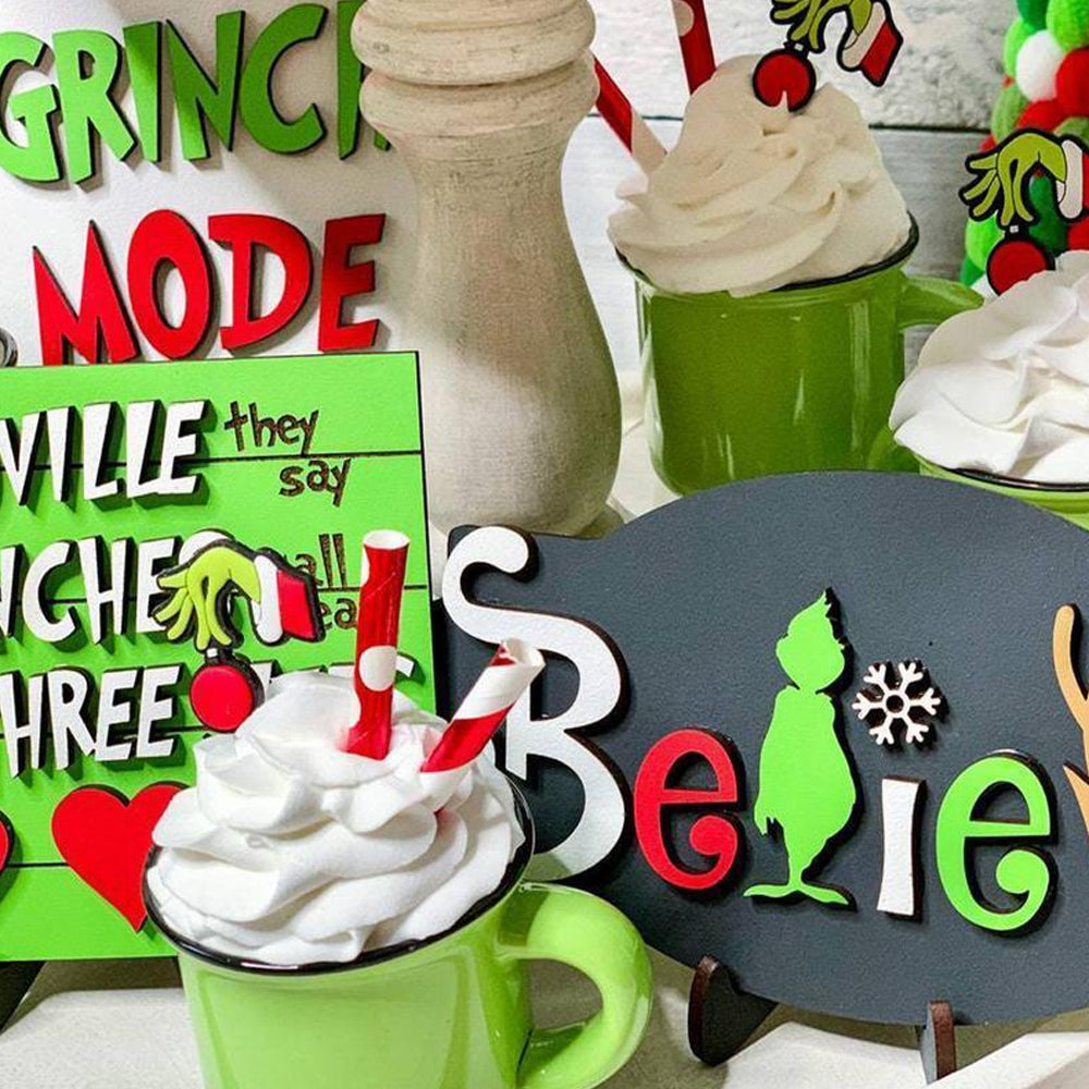 9Pcs Wooden Christmas Tiered Tray Decor Green Farmhouse Standing Signs Decorations Grinch Table Signs