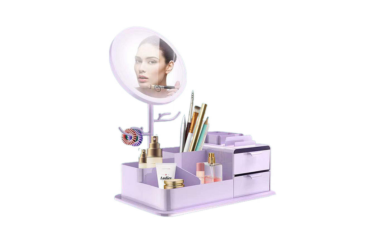 Portable Makeup Storage Box With LED Light Up Mirror Storage Makeup Brushes-Purple