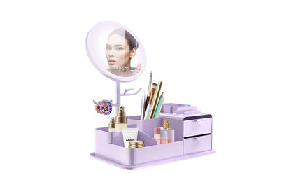 Portable Makeup Storage Box With LED Light Up Mirror Storage Makeup Brushes-Purple