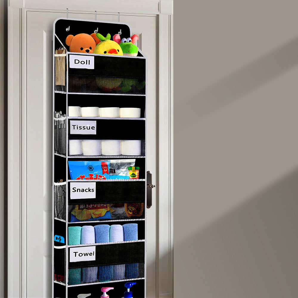5-Tier Over the Door Storage Organizer with 10 Side Mesh Pockets Hanging Organizer with Clear Windows Black