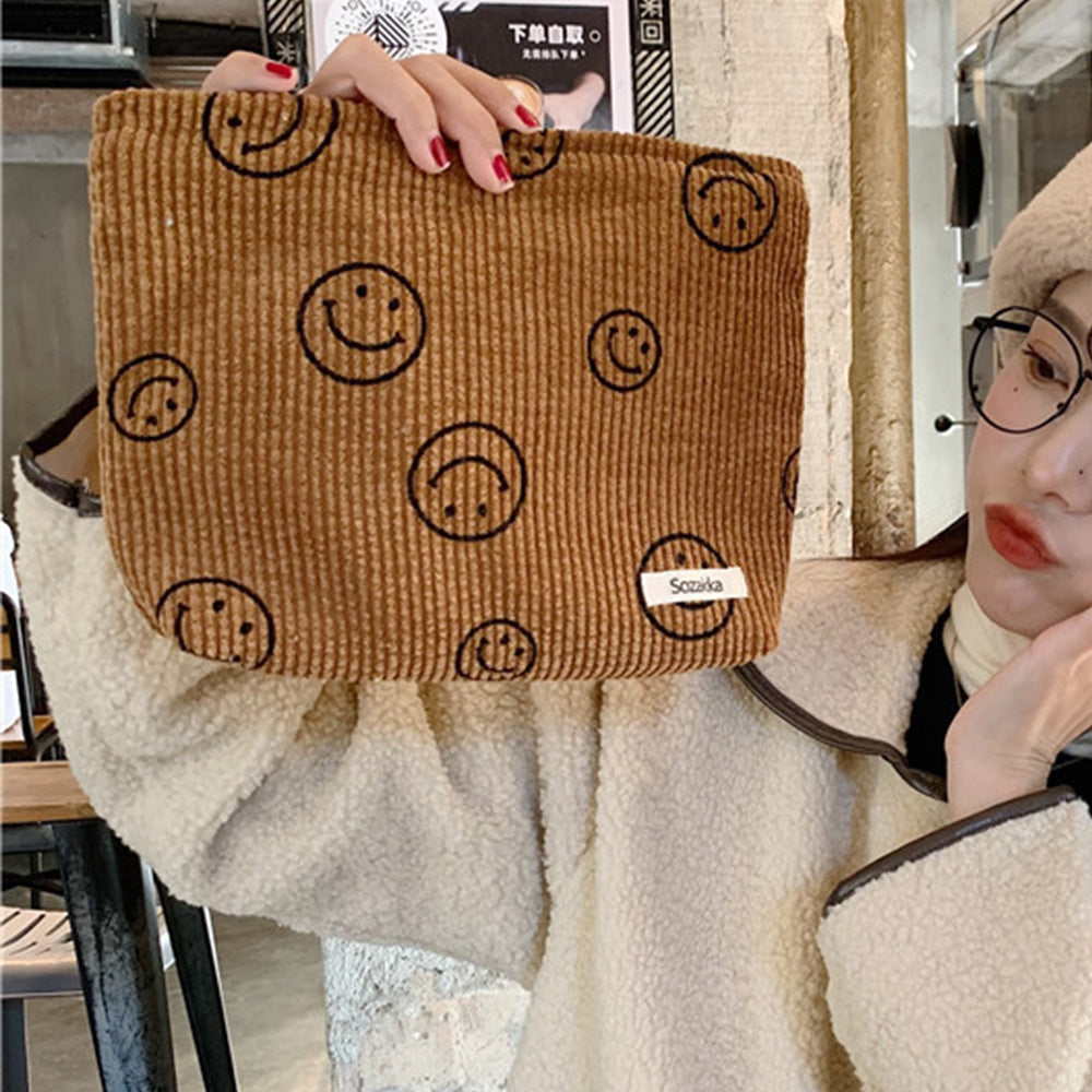 Corduroy Makeup Bag Cute Smile Dots Face Case Handbag with Zipper for Women Brown
