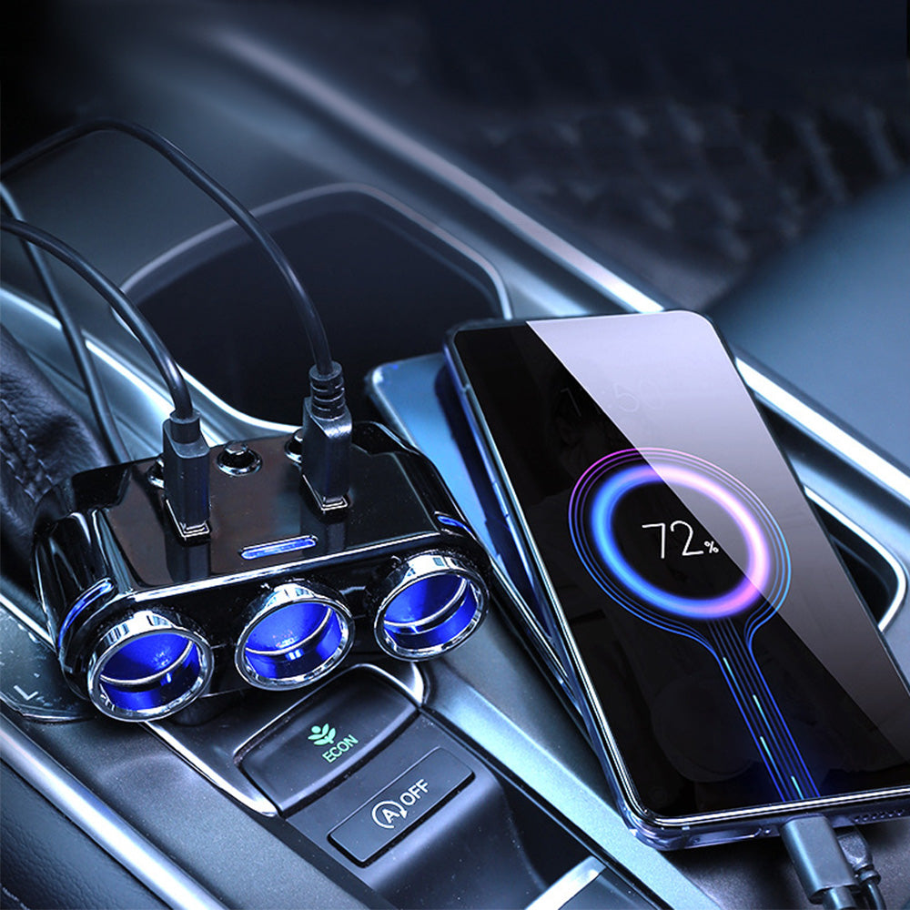 3 Way 12V Car Cigarette Lighter Splitter Dual USB Charger Digital Display