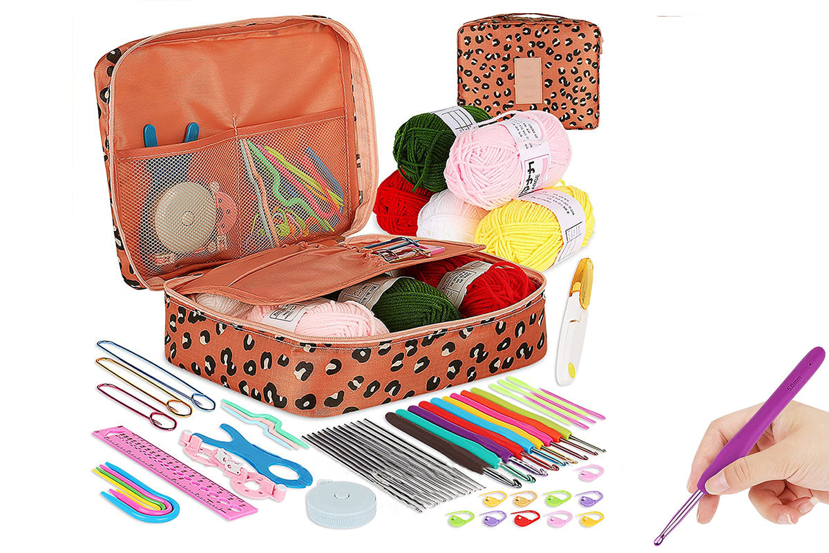 58Pcs Crochet Kit Yarn and Knitting Accessories Set with Storage Bag for Beginners-Leopard print