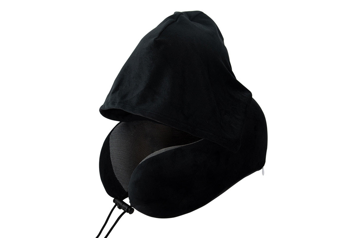 Hooded Travel Pillow with 3D Eye Masks Memory Foam Neck Pillow for Airplane Sleeping-Black
