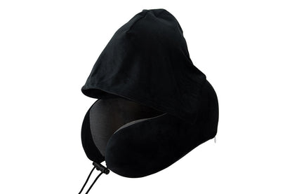 Hooded Travel Pillow with 3D Eye Masks Memory Foam Neck Pillow for Airplane Sleeping-Black