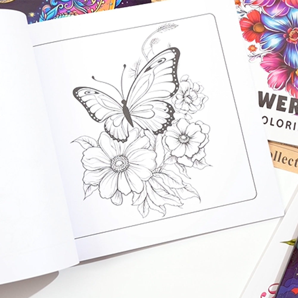 2 Adult Coloring Books with 24 Floral and 24 Butterfly Designs