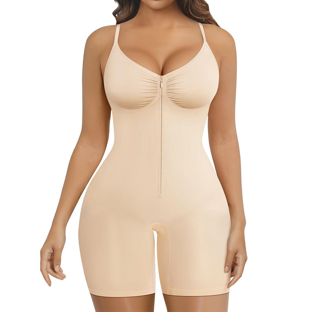 Shaping Bodysuit with Front Zipper Hook and Adjustable Straps - Nude