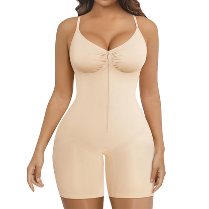Shaping Bodysuit with Front Zipper Hook and Adjustable Straps - Nude