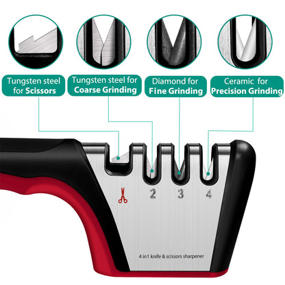 4 Stage Knife Sharpener Non Slip Base Kitchen Scissor Sharpener - Red