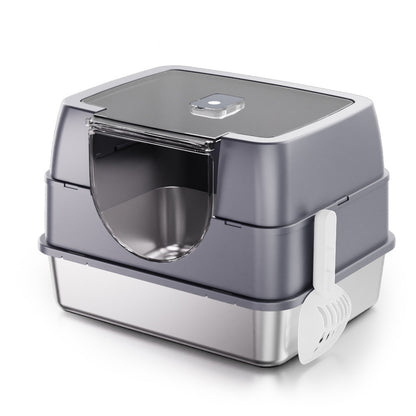 Fully Enclosed Flip Top Stainless Steel Cat Litter Box Large Space and Odor Control