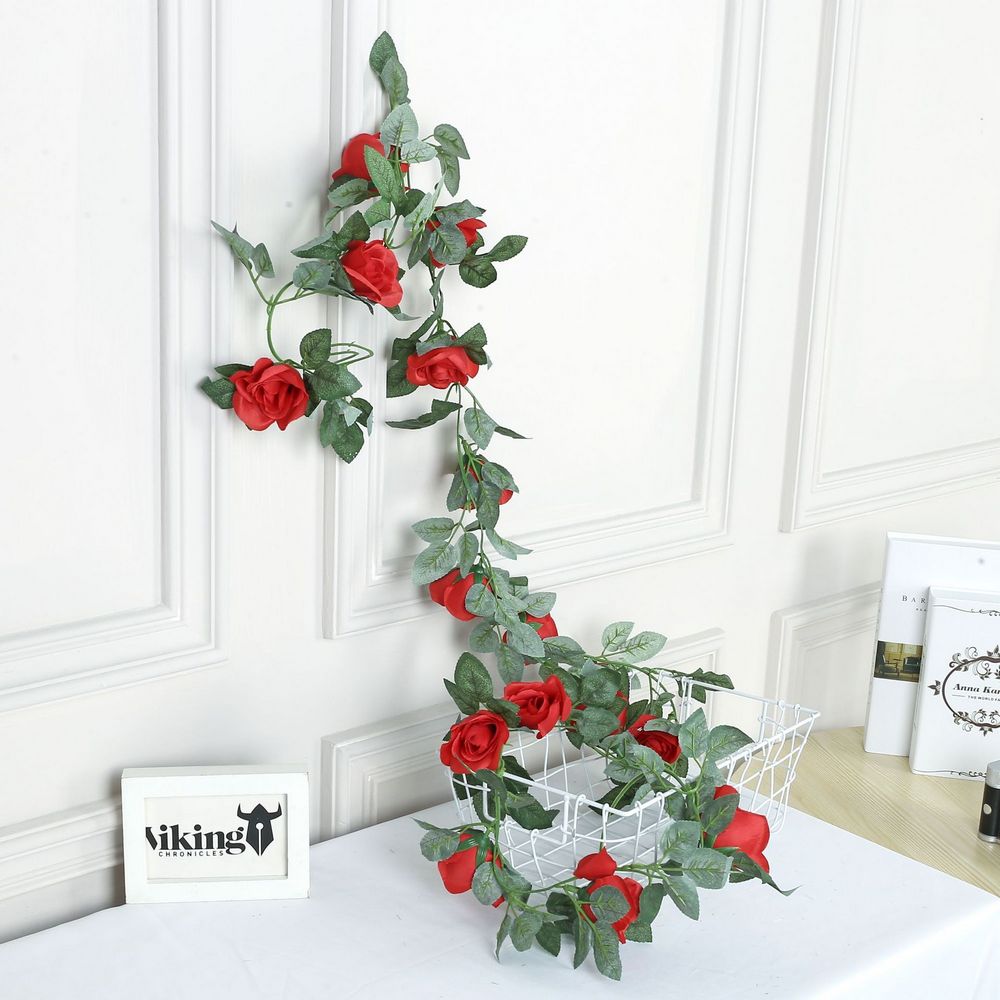 2Pcs Artificial Rose Vines Hanging Rose Flower Garlands For Wedding Home Floral Decor-Red