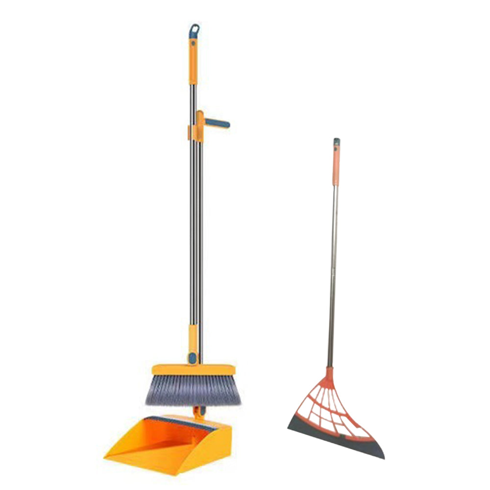 180-Degree Rotating Broom and Foldable Standing Dustpan Set with Scraper for Home Office Orange