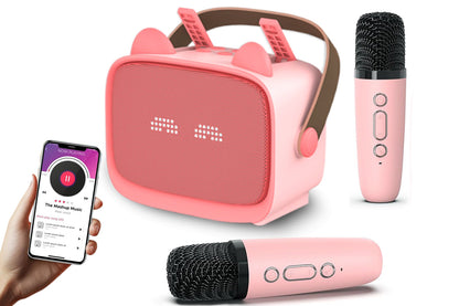Karaoke Machine Toys Gifts Portable MP3 Player with 2 Wireless Microphone -Pink
