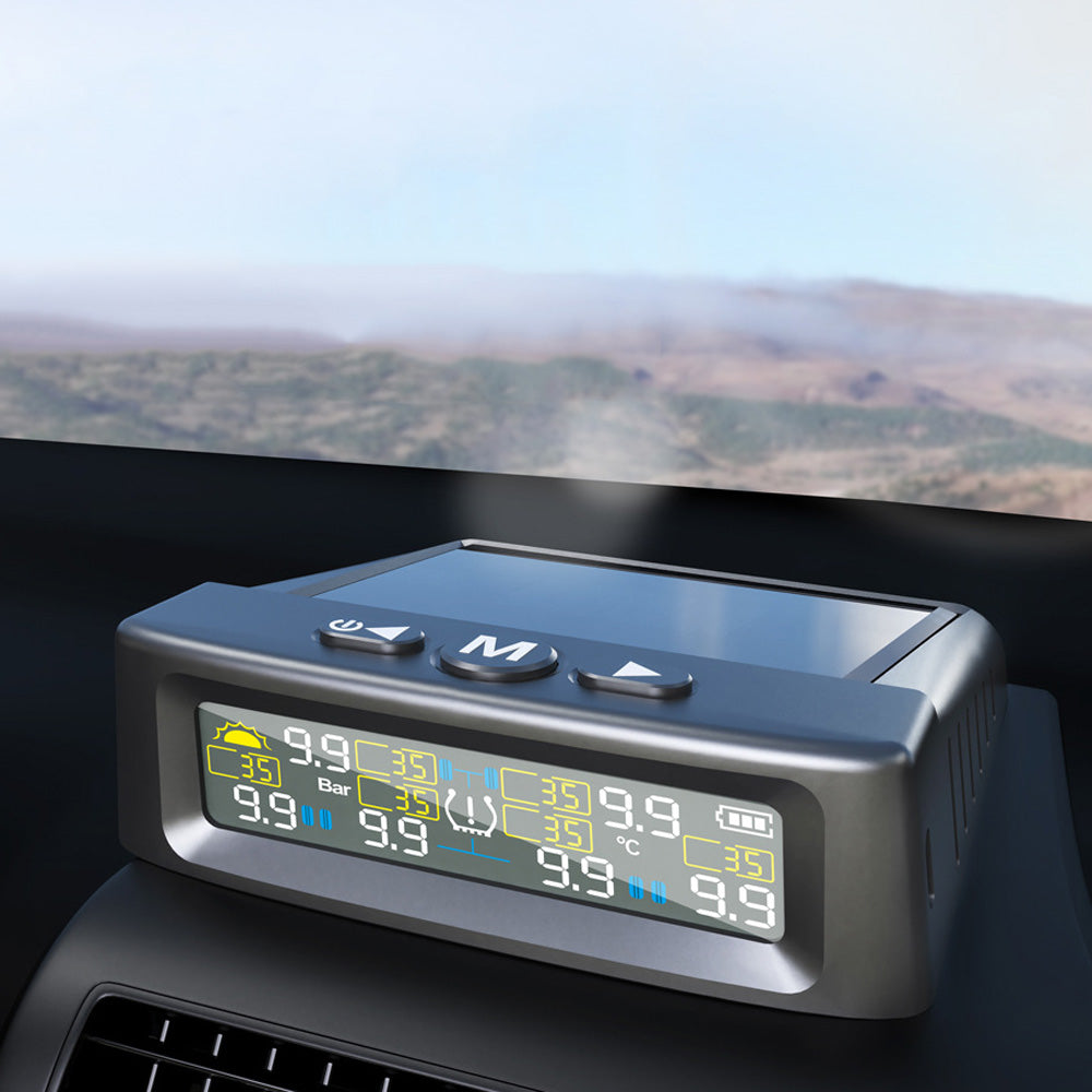 USB/Solar Powered TPMS Tire Pressure Monitor with LCD Display for for 6-Wheel Vehicles 0-9.9BAR/144PSI Range