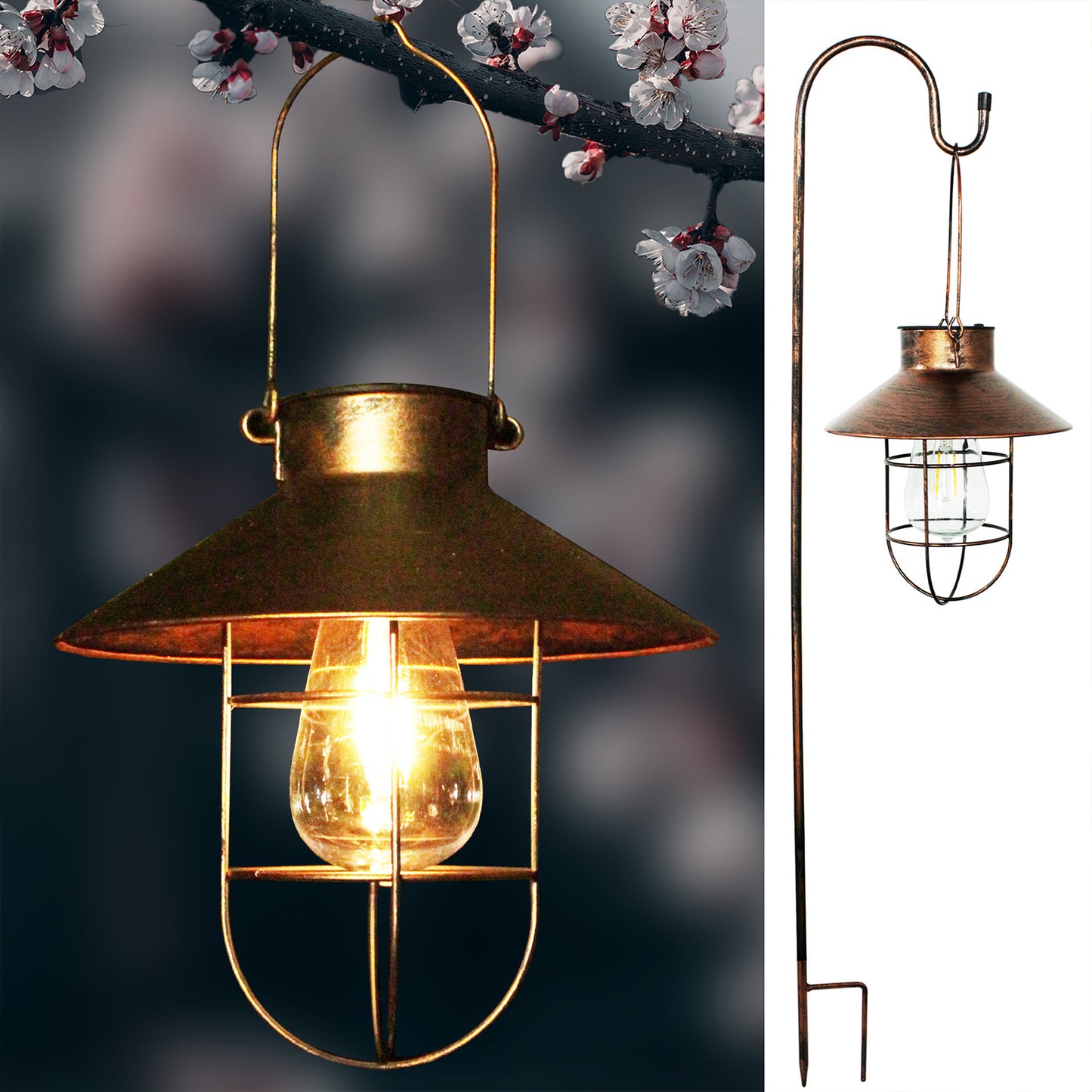Solar Lantern Outdoor Hanging Light with Shepherd Hook Retro Stake Lights -Brown