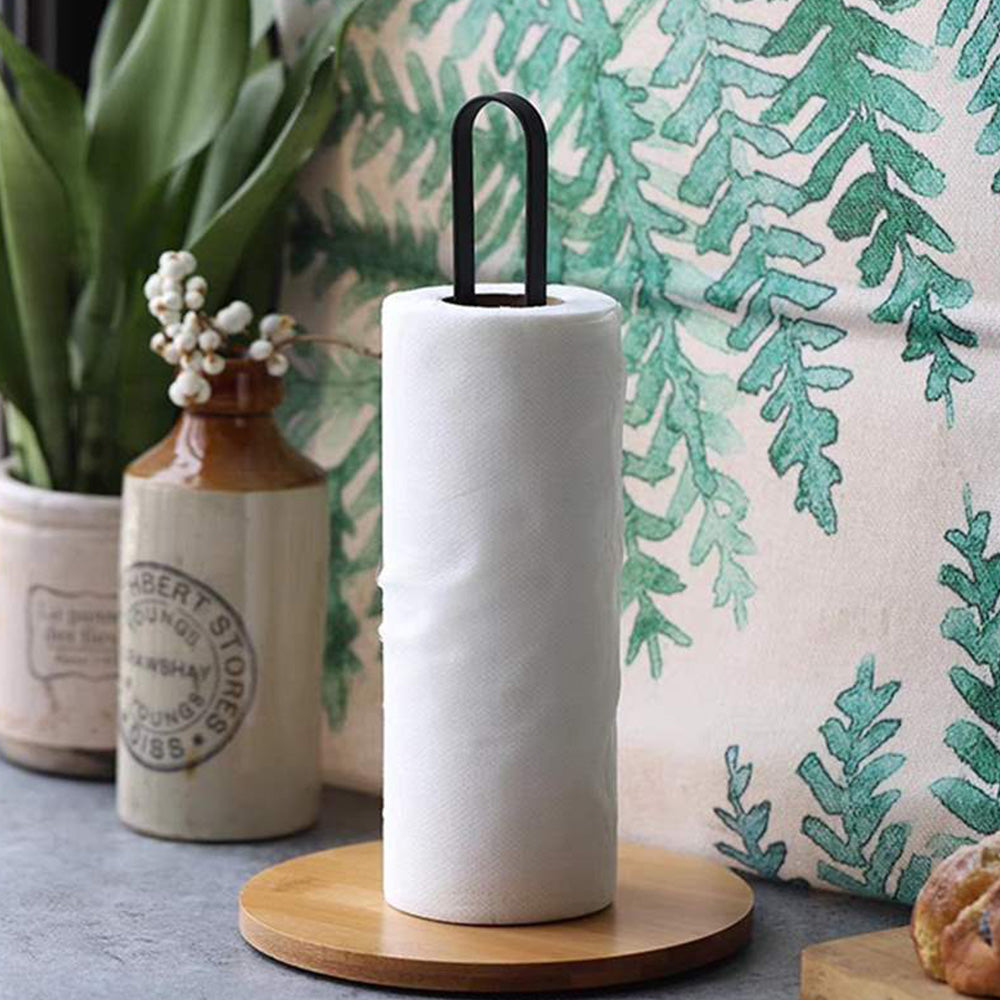 Freestanding Paper Towel Holder with Non-Slip Wood Base for Countertop Black
