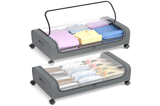 2Pcs 32L Under Bed Storage Container with Wheels Under Bed Shoe Storage with Handles for Clothes Shoe Blanket Toy Book-Grey