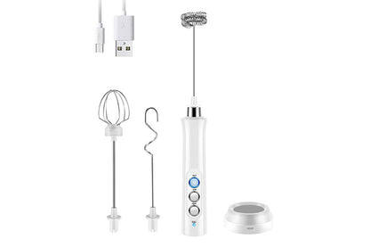 Milk Frother Handheld USB Rechargeable Milk Foam Maker With 3 Stainless Whisks-White