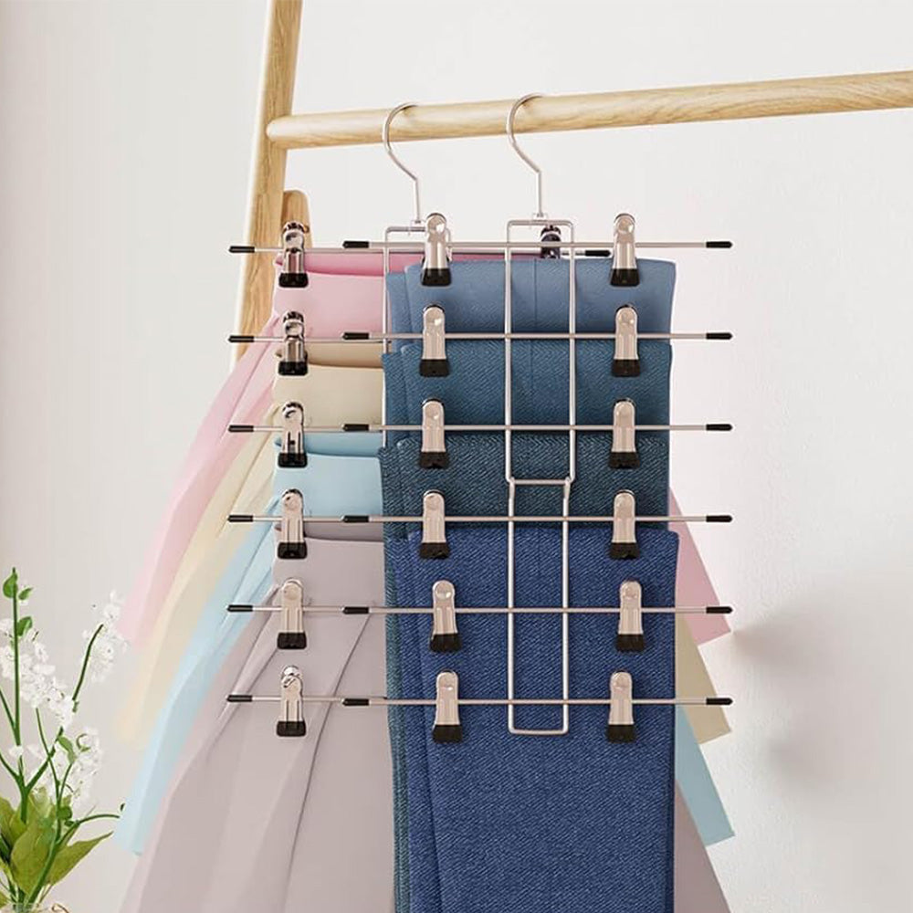2Pcs Space Saving Hanging Pants Organizer with 12 Clips and 360 Degrees Swivel Hook