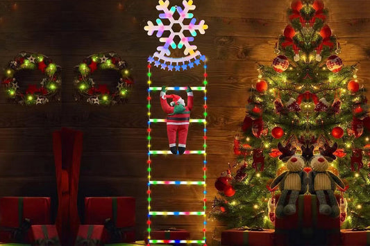 1.7M 160 LEDs Christmas Ladder Lights with Santa Claus Xmas Giant Climbing String Lights Decorative Outdoor Yard Led Ornaments-Snowflake