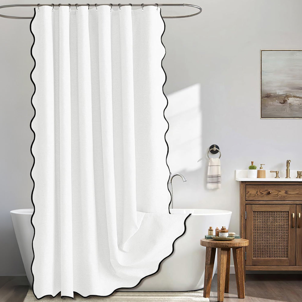 Waterproof Shower Curtain Thick Boho Wavy Edge With Rustproof Hooks-White