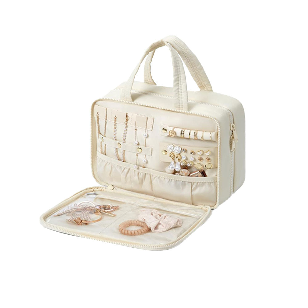 Travel Toiletry Bag with Jewelry Organizer Hanging Travel Makeup Cosmetic Bag Organizer Beige