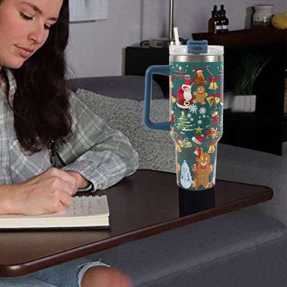 40oz Stainless Steel Christmas Pattern Water Bottle Thermal Mug Travel Tumbler Christmas Gifts Blue