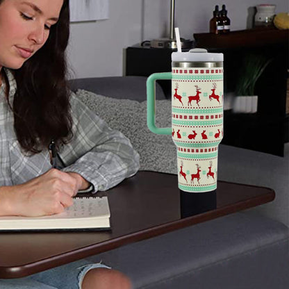 40oz Stainless Steel Christmas Pattern Water Bottle Thermal Mug Travel Tumbler Christmas Gifts Green
