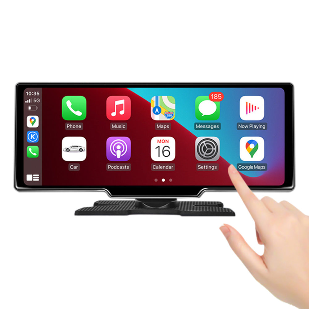 10.26 Inch IPS Portable Wireless Carplay Android Auto Screen with Dual Dash Cam